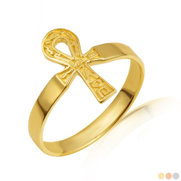 14k Solid Yellow Gold Egyptian Hieroglyphics Ankh Cross Women Ring Size 4-12